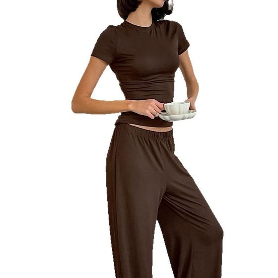 Cross-border 2025 New Brown Slim-fit Short-sleeved Trousers Round-neck Home Clothes European and American Comfortable Knitted Casual Pajamas for Women