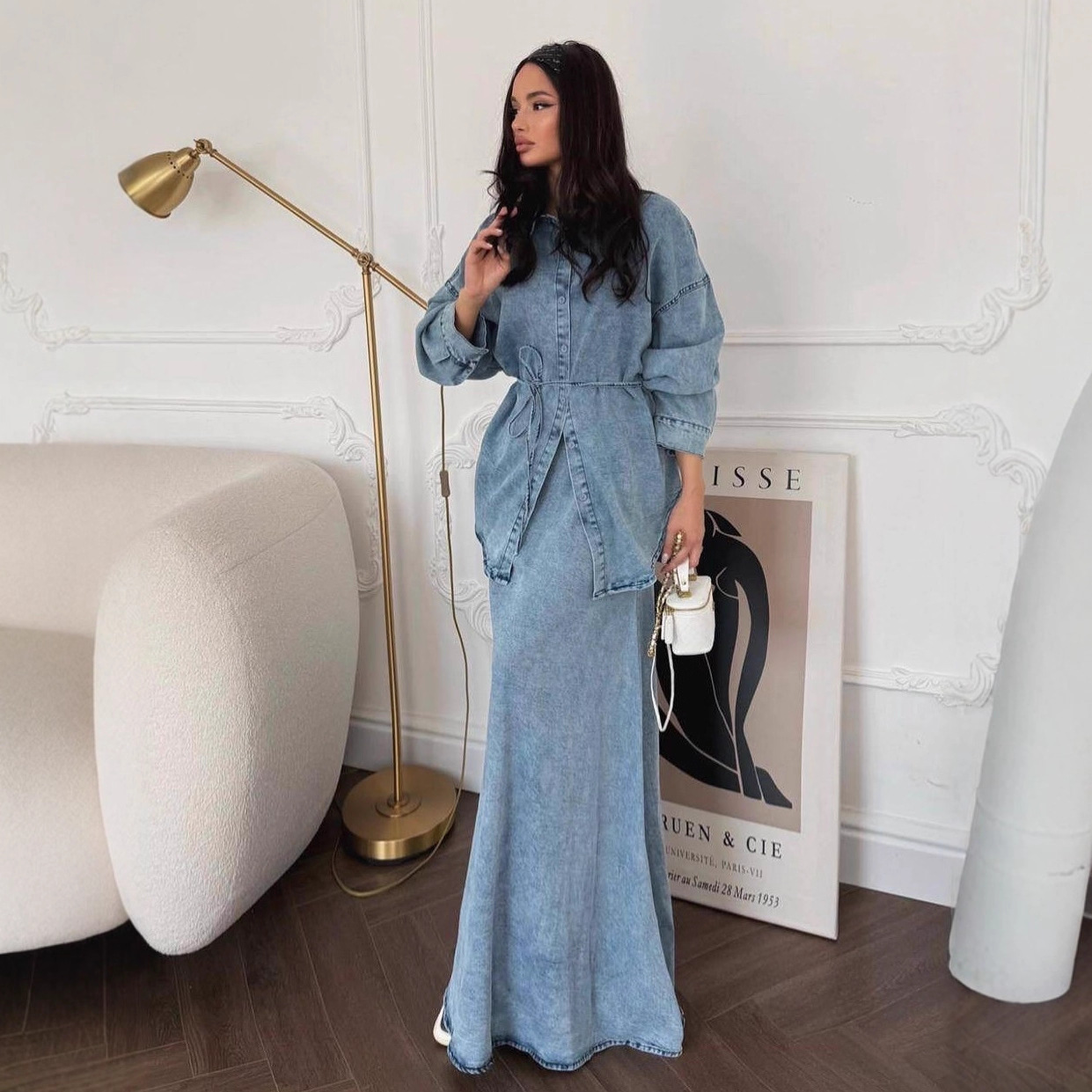 Women's Slim Fit Elegant Sports Bodycon Skirt Cardigan Jacket Denim Autumn Clothing European American Middle Eastern Style_ecoleips.com