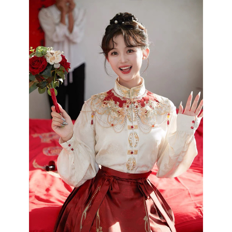 中国式国風重工馬面スカート雲肩漢服敬酒服婚約服半身スカートセット|undefined