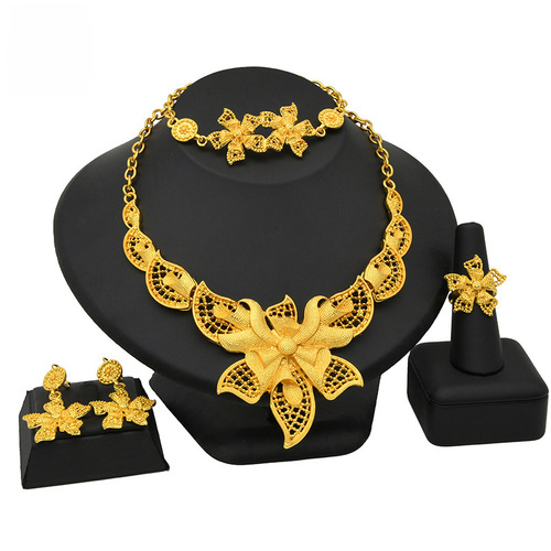 24K Dubai Gold Jewelry Set for Brides - Necklace, Bracelet, Earrings, and Ring - Four-Piece Set, African Women's Jewelry Set - Wholesale