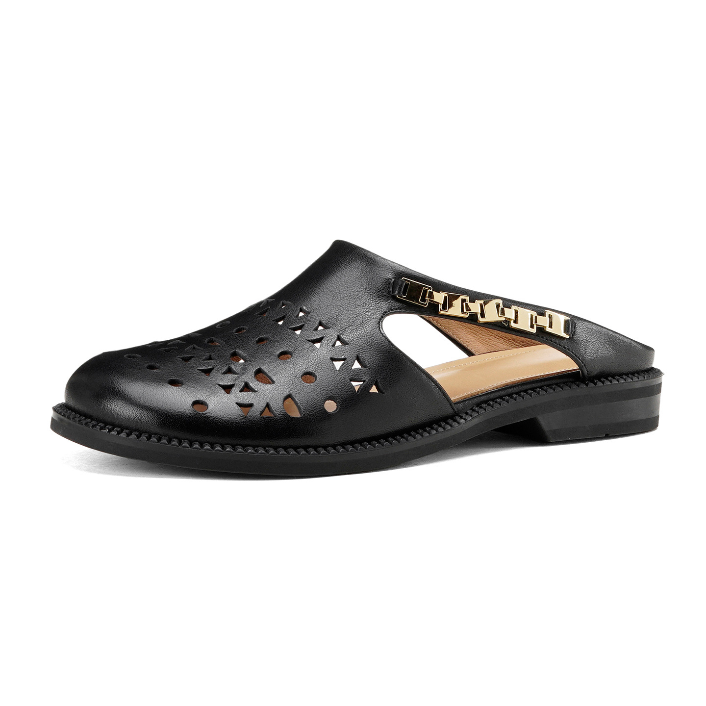 Dép sandal nữ da bò mũi trùm đế bệt kiểu lỗ thoáng khí — đen chi tiết 22
