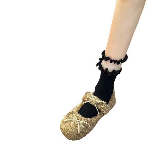 Japanese-style cute white lace edge socks for girls, summer bowknot pile socks, mid-calf Lolita breathable socks