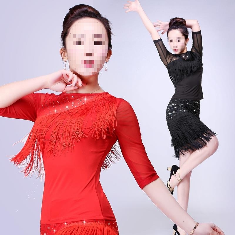 Adult Latin dance costume sequined tassel top, spring and summer square dance costume, new cha-cha dance outfit for women.