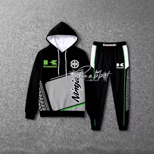 2025 Kawasaki Racing Fashion Street Moto Racing Sports Suit Motorcycle Riding Hooded Sweatshirt Set