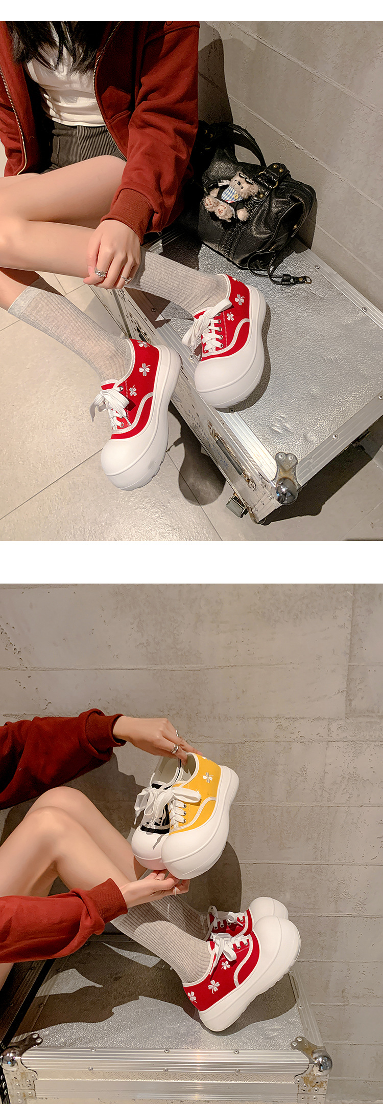 Giày sneaker nữ chunky đế dày thêu hoa mùa xuân 2026 — màu đen, màu vàng, màu đỏ chi tiết 12