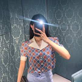 深圳南油原单工厂私渠2021西装领撞色印花修身减龄真丝格子衬衫女