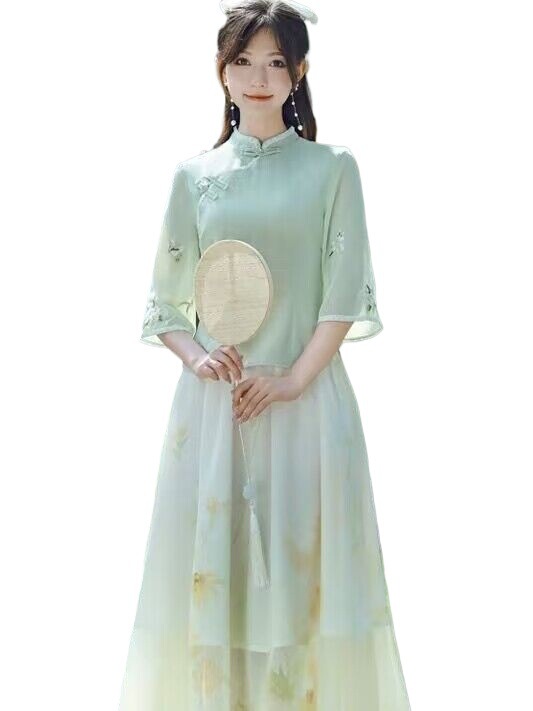 新中式汉元素禅意茶服旗袍两件套改良汉服女文艺国风仙气上衣套装|undefined