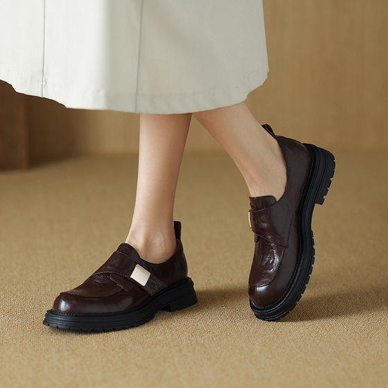 2024 New Niche Retro British Round Toe Thick Bottom Deep Mouth Loafers Hand Grab Sheepskin Slip-on Shoes for Women