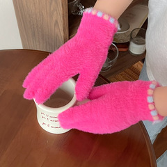 韓国系ニットかわいいぬいぐるみ五本指手袋女性は冬に保温防寒露指を厚くしてタッチパネル手袋学生に触れることができる