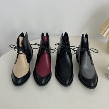 外貿大碼女式皮鞋19款尖頭拼色馬丁靴方跟短筒系帶跨境皮靴現貨