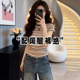 仅用于产品展示勿拍-美式复古chic条纹短袖T恤女夏季新款修身显瘦