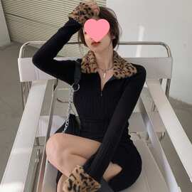 豹纹拼接翻领针织连衣裙女秋冬季新款复古气质收腰显瘦长袖包臀裙