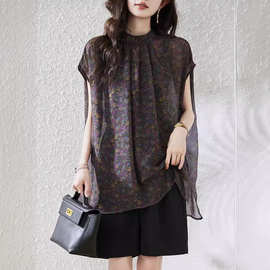 实拍现货设计感洋气休闲碎花衬衫女夏季新款复古印花短袖