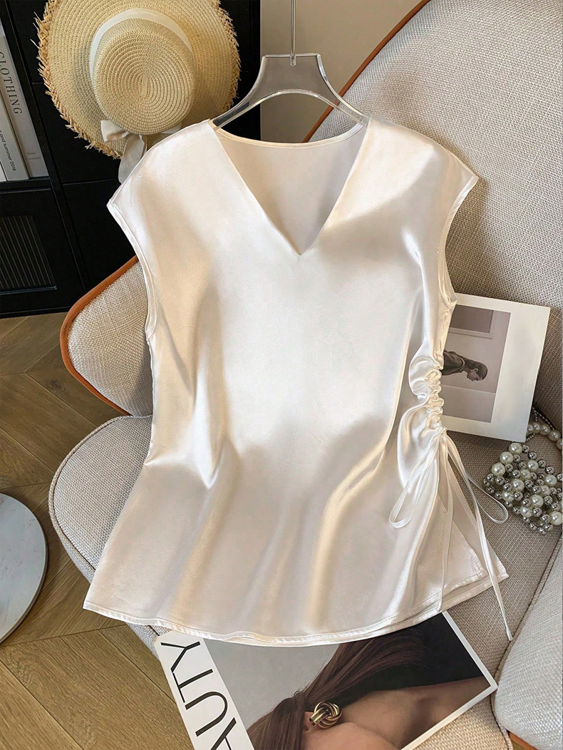 Damen Satin Bluse Mit V-ausschnitt Elegantes Sommer Oberteil_voghion.com