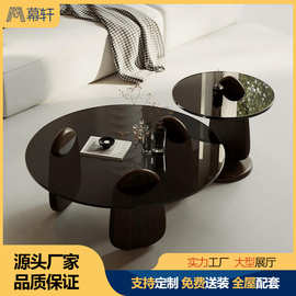 简约风组合茶几北欧奶油客厅圆形小茶几钢化玻璃极简家用佛山家具