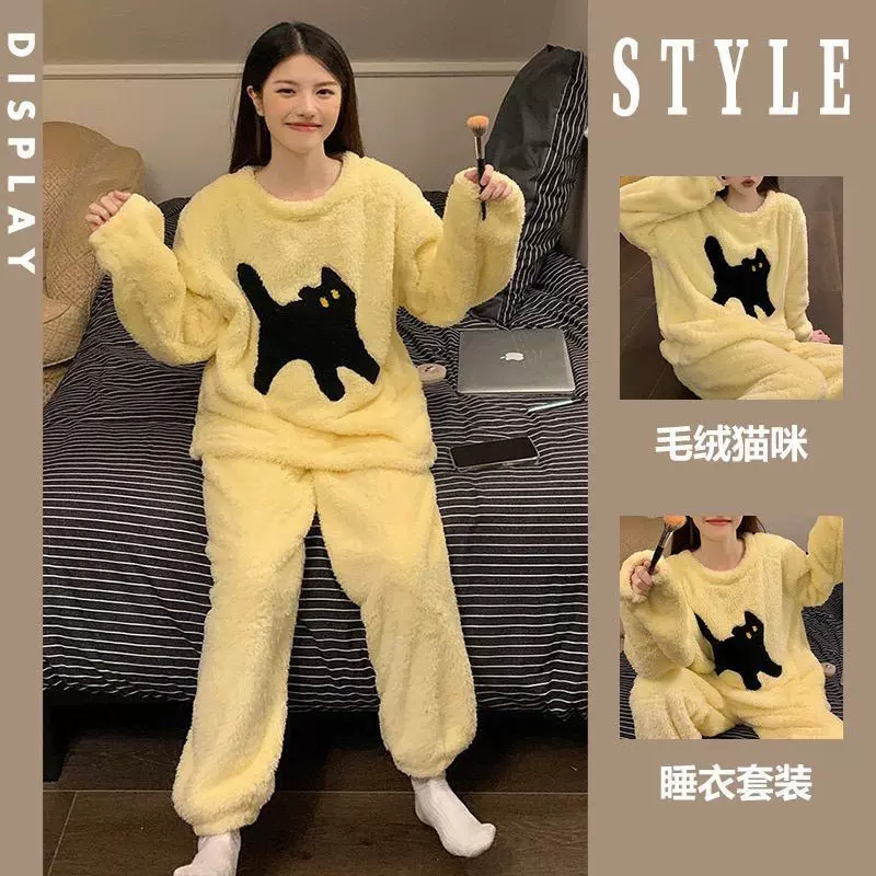 ins网红猫咪珊瑚绒睡衣女冬季加绒加厚冬天法兰绒保暖家居服套装