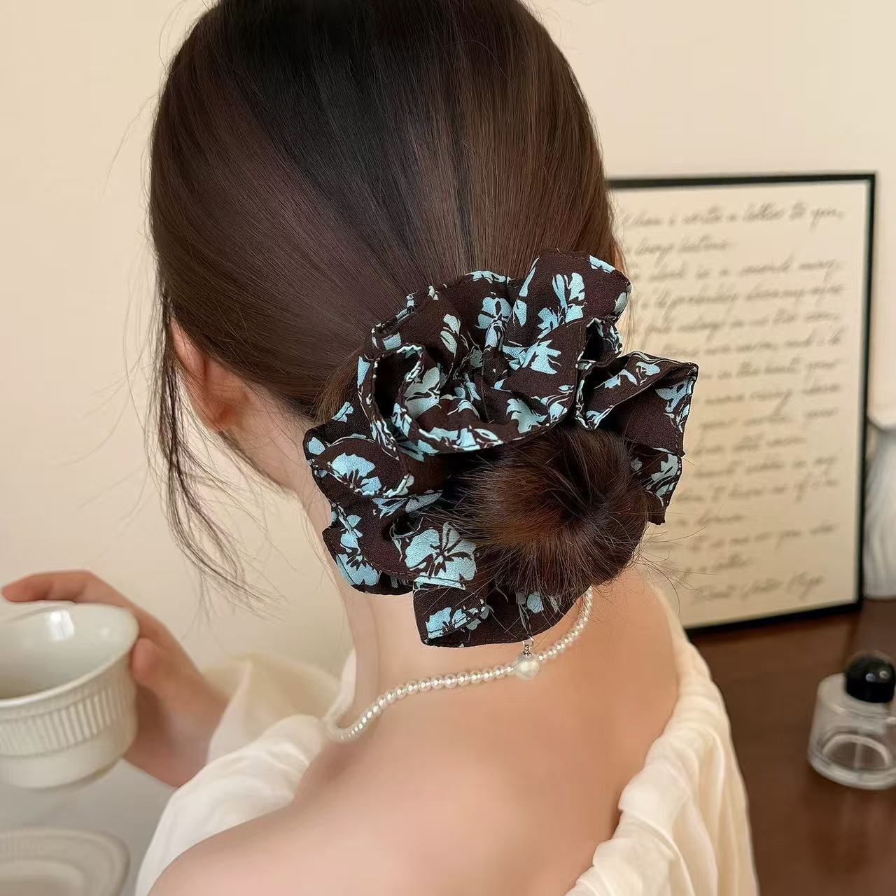 Vintage Perlen Scrunchie Mit Blumenmuster Damen Haarschmuck_voghion.com