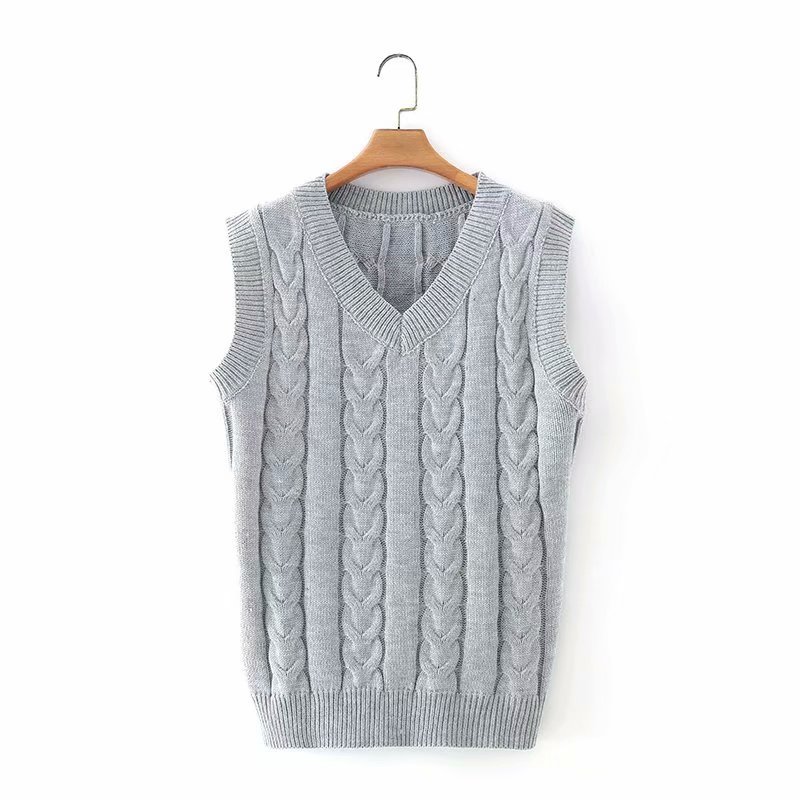 gray knitted twist V-neck loose vest NSAM22529