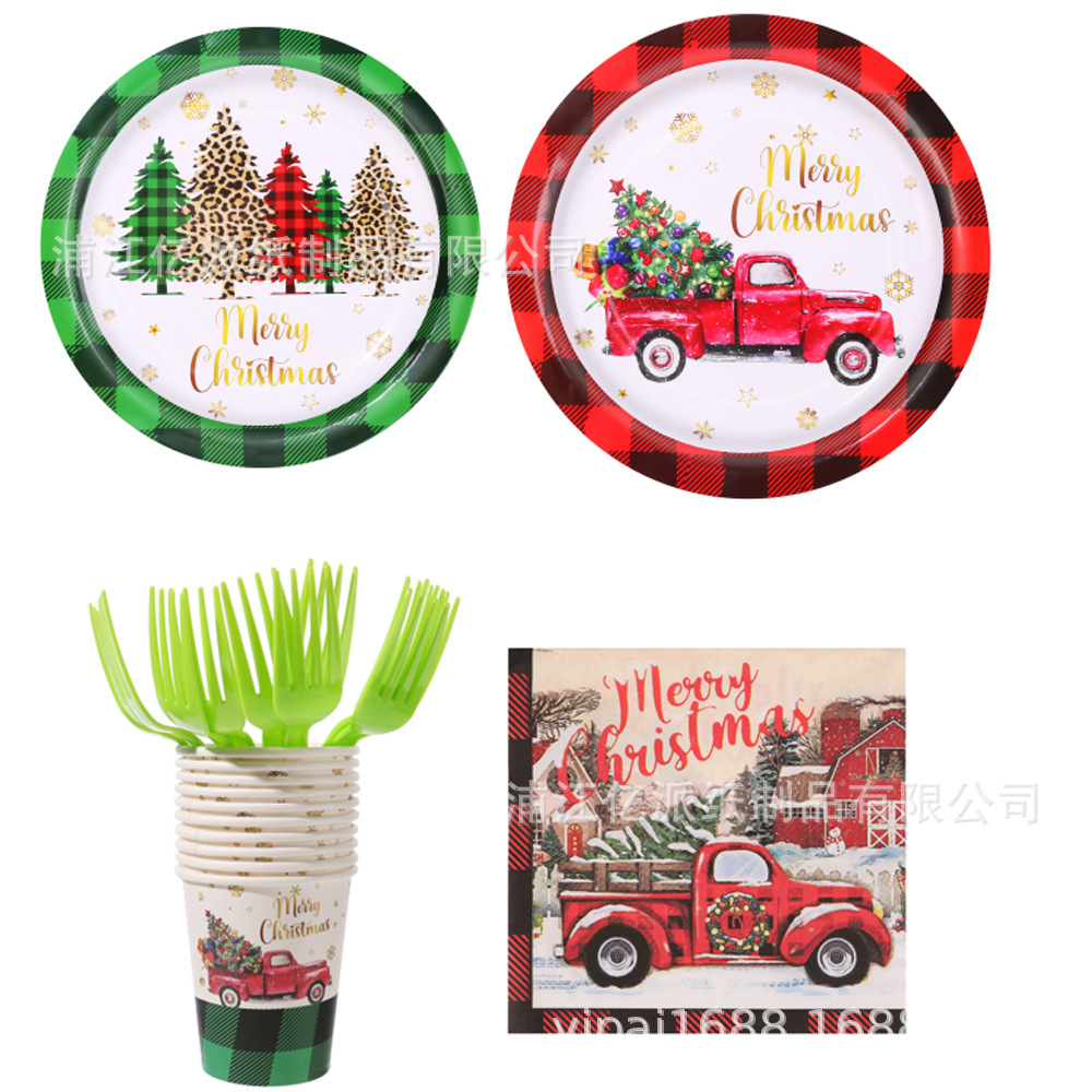 Navidad transfronteriza árbol de Navidad rojo verde celosía coche de Navidad juego de vajilla desechable bandeja de papel decoración de fiesta