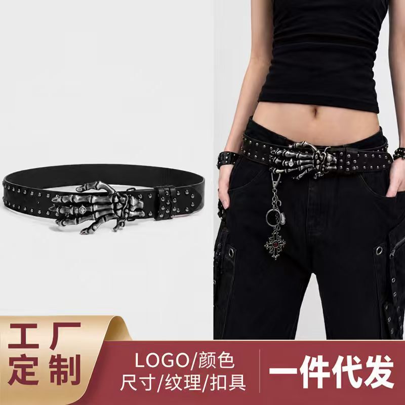 American-Style New Trendy Belt with Personalized Skull Hand Rivets, Punk-Style Snap Buckle Casual Belt, Unisex American-Style New Trendy Belt with Personalized Skull Hand Rivets, Punk-Style Snap Buckle Casual Belt, Unisex