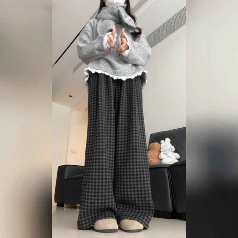 黑灰色格子裤子女春秋2025新款直筒高腰显瘦居家睡裤休闲阔腿裤潮|undefined