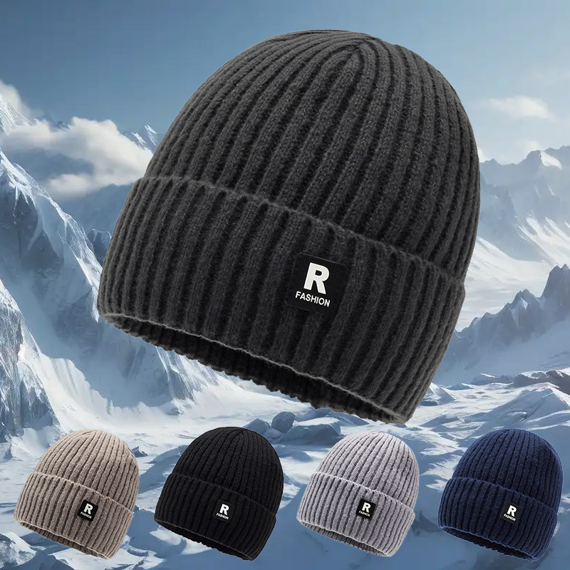 R标男士毛线帽新款冬季加绒加厚保暖针织帽青年时尚套头帽子跨境