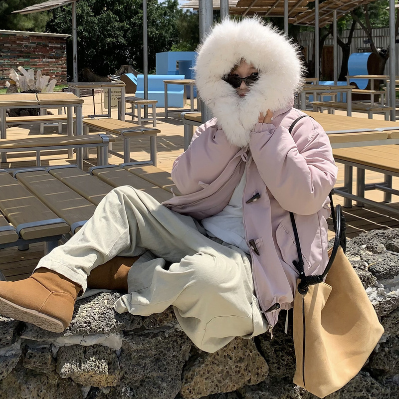 羽绒棉服女大毛领派克服2025冬季新款加厚棉衣复古牛角扣棉袄外套