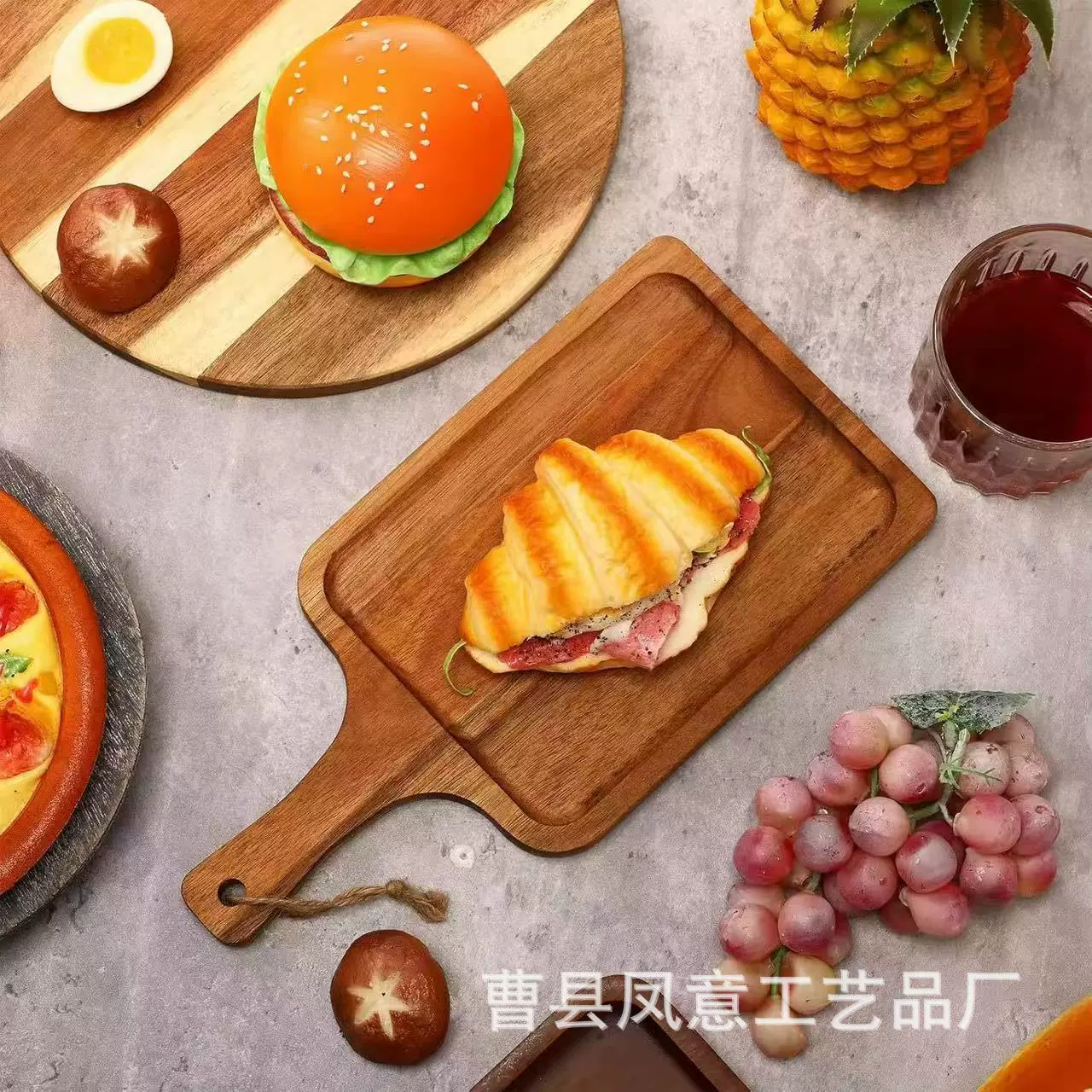 Деревянная тарелка для фруктов и закусок из акации с ручкой, двусторонняя разделочная доска из массива дерева, тарелка для завтрака и хлеба из массива дерева
