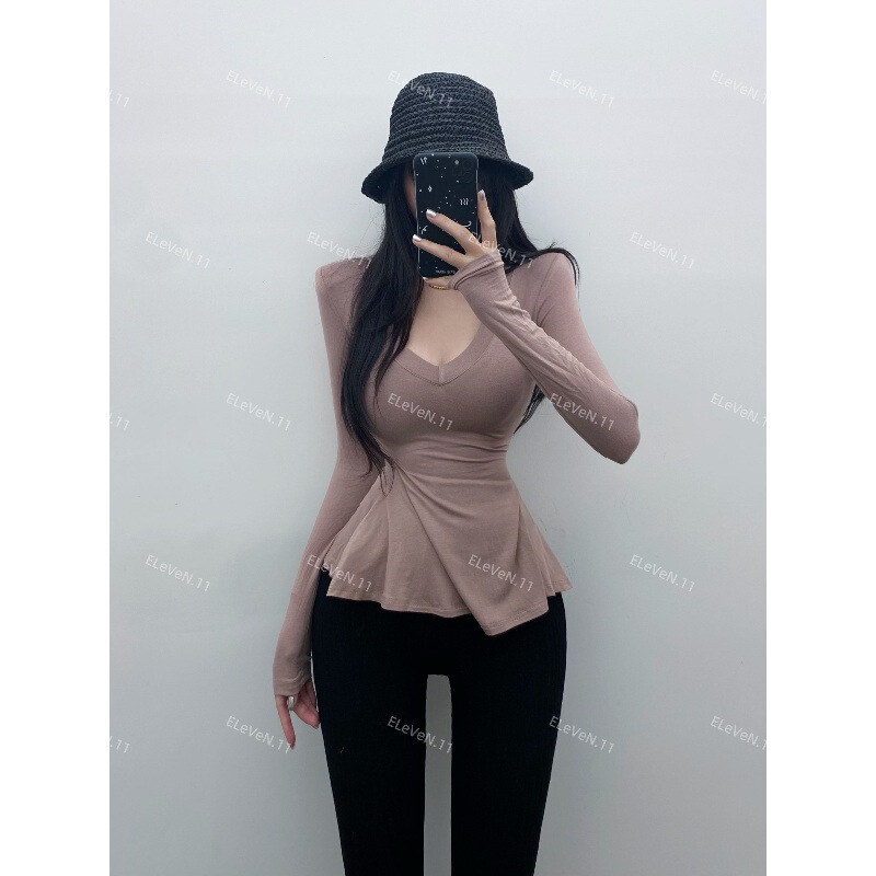 The Basic Model Is Amazing! Slim Version ~ Pinch Waist V Neck Design Right Shoulder Long-Sleeved T-Shirt with Bottoming Shirt