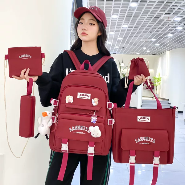 Campus Style Large Capacity Student Schoolbag Trendy New Style Simple Fashionable Wide Shoulder Strap Lightweight Five-piece Backpack