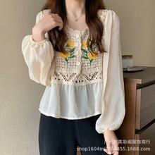 早秋季新款韩版雪纺衫设计感花朵刺绣泡泡袖蕾丝衫女宽松短款上衣