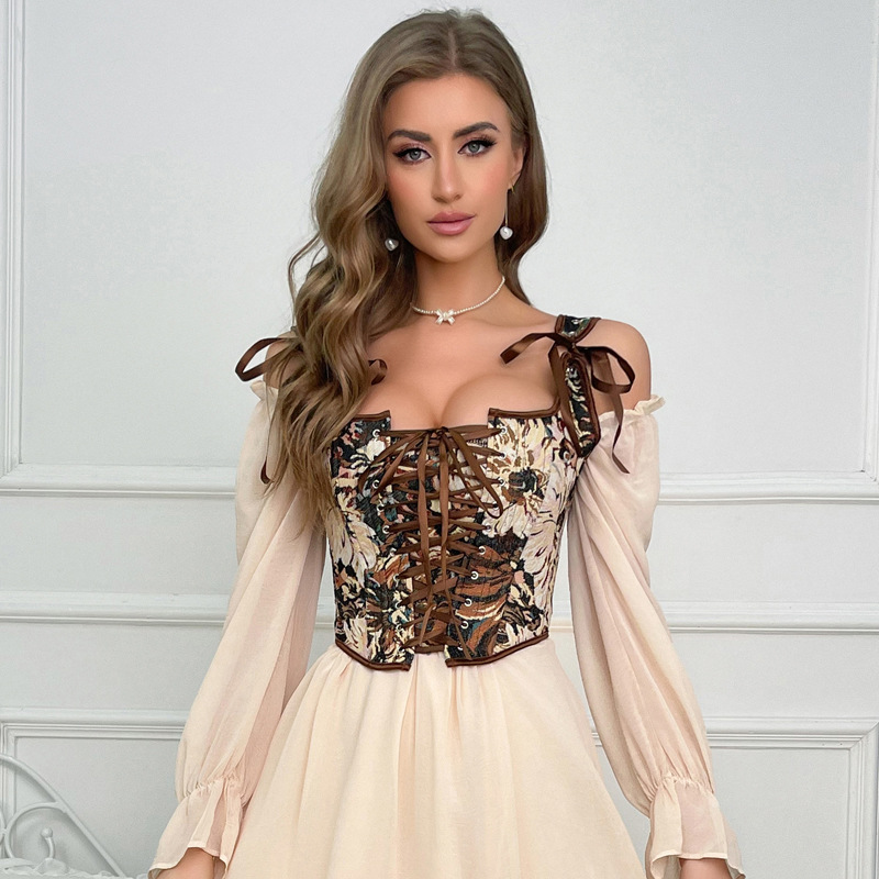 Más tamaño sexy Lencería impreso encaje-up estilo Palacio corsé moda adelgazante corto exterior desgaste corsé