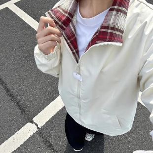 Cleanfit Plaid Splicing Jacket Men's Spring American Retro Couple Jacket Loose Lapel Baseball Uniform