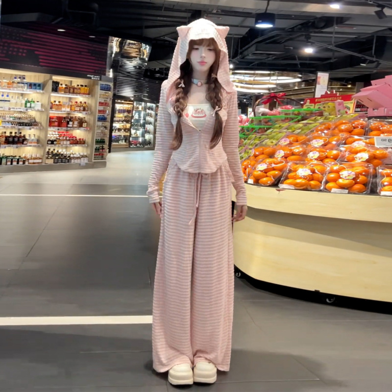 2025新款粉色条纹减龄休闲运动穿搭一整套女早秋季小个子两件套装|undefined