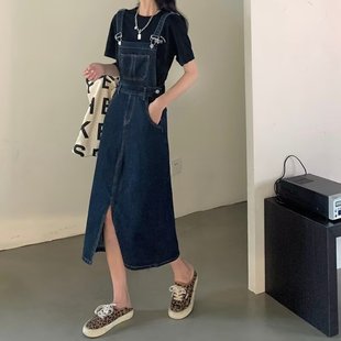 Retro Denim Suspender Dress for Women Spring & Fall 2025 New Loose Slimming Look Mid-Length Slit Skirt Ins Trend