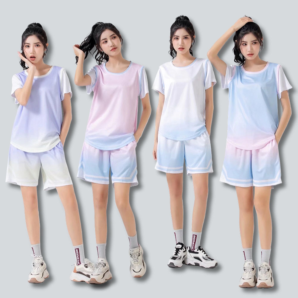 Basketball Suit suit Girl's Gradient Short-sleeved Competition Team Uniform Male's Fake Two-piece Sports Training Suit Student's Class Uniform Jersey