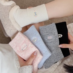 保暖加绒软软糯糯秋冬加厚刺绣蝴蝶结羊毛袜子女韩系甜美堆堆袜