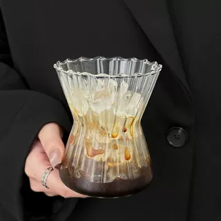 法式褶皱波浪口收腰玻璃杯高硼硅耐热咖啡拿铁杯家用冰美式果汁杯