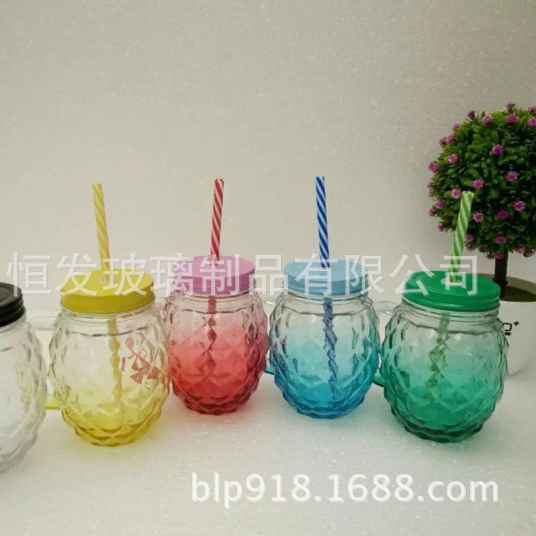 厂家直销啤酒杯饮料瓶 菠萝手柄瓶奶茶玻璃瓶奶茶冷萃梅森瓶批发