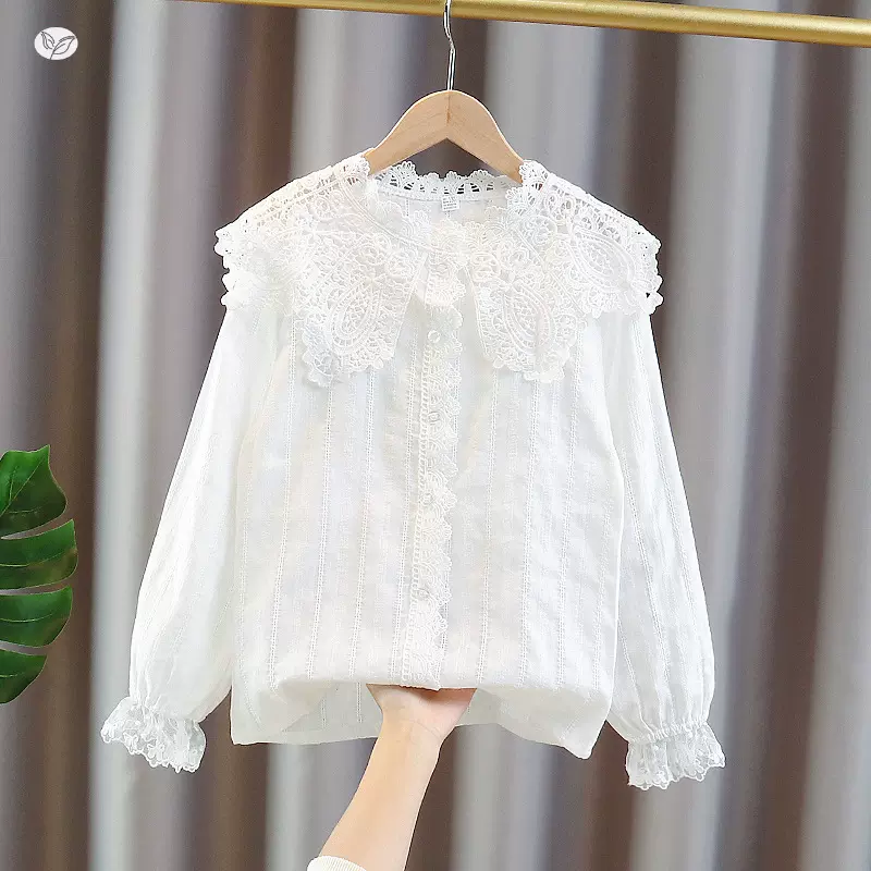儿童双层娃娃领宽松长袖打底白衬衣2025春秋甜美上衣衬衫宝宝蕾丝