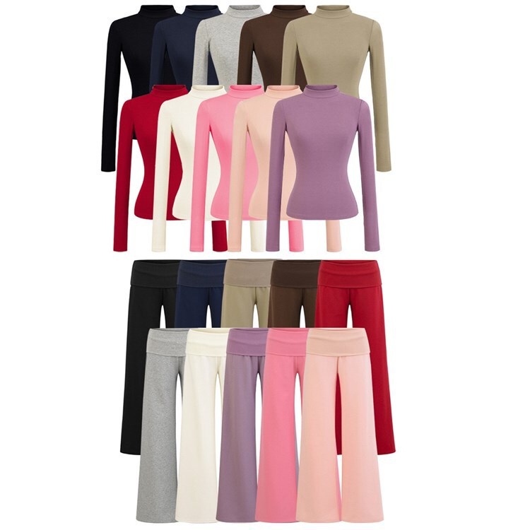 Korean-Style Early Autumn Half-High Collar Long-Sleeve Knit T-Shirt and Wide-Leg Pants Set for Women, Slim-Fit Inner Layer Base Shirt and Casual Pants