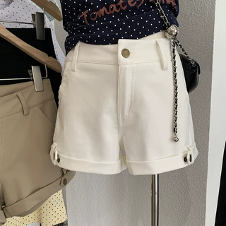 KEKEZOON 高腰直筒百搭卷边短裤女夏季韩版A字修身显瘦休闲裤7817