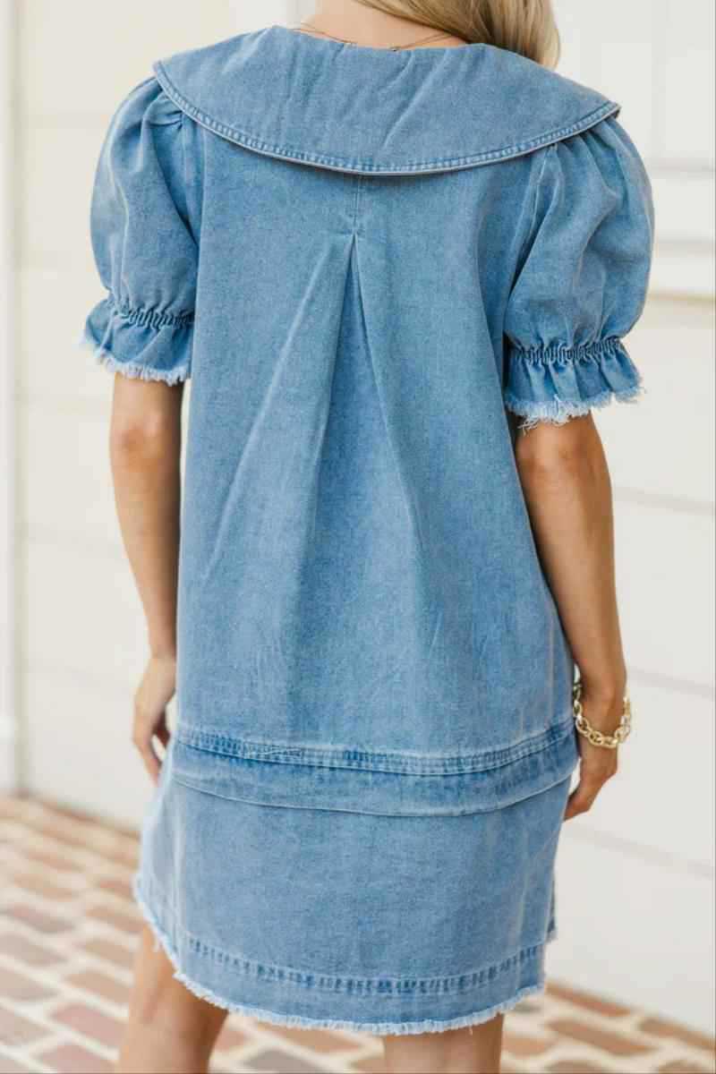 Women's Summer Denim Dress New Arrival Lapel Loose Ruffle Style_ecoleips.com