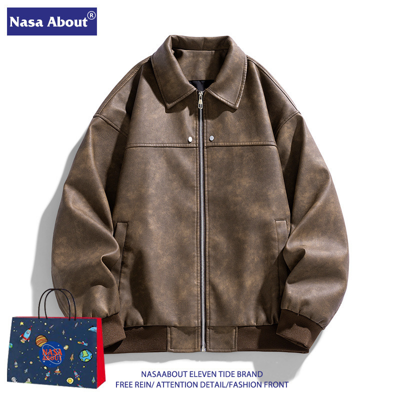NASA Brown brown Maillard Leather Jacket Men's Spring High-end Feeling Ruffian Handsome Motorcycle Jacket American Vintage Stick NASA Brown brown Maillard Leather Jacket Men's Spring High-end Feeling Ruffian Handsome Motorcycle Jacket American Vintage Stick