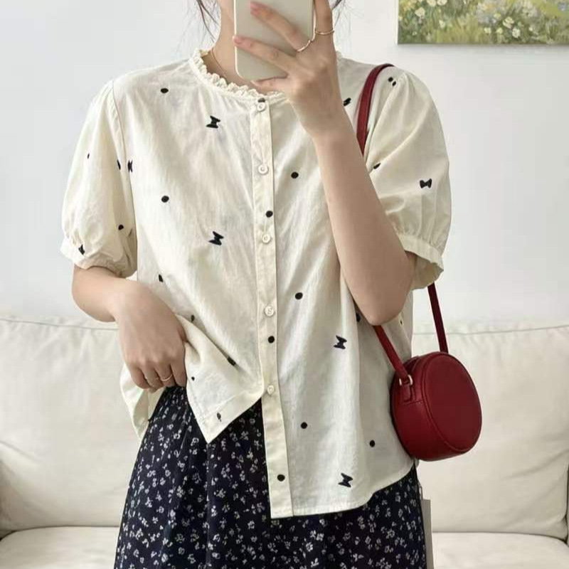 Artistic Lace Round-Neck Embroidered Shirt, New Summer Style, Loose and Versatile, Mid-Sleeve, Age-Reducing Babydoll Top, Wholesale Artistic Lace Round-Neck Embroidered Shirt, New Summer Style, Loose and Versatile, Mid-Sleeve, Age-Reducing Babydoll Top, Wholesale