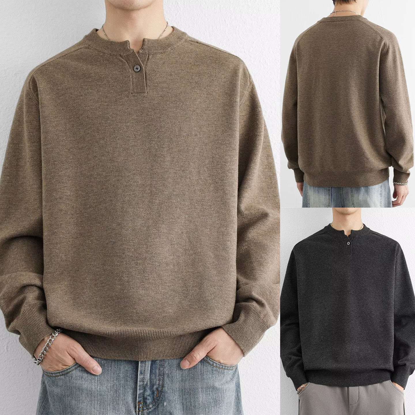 Henry cuello V camiseta de manga larga suéter hombre viejo dinero lujo ligero negocio primavera y otoño suéter fábrica transfronteriza al por mayor image 1