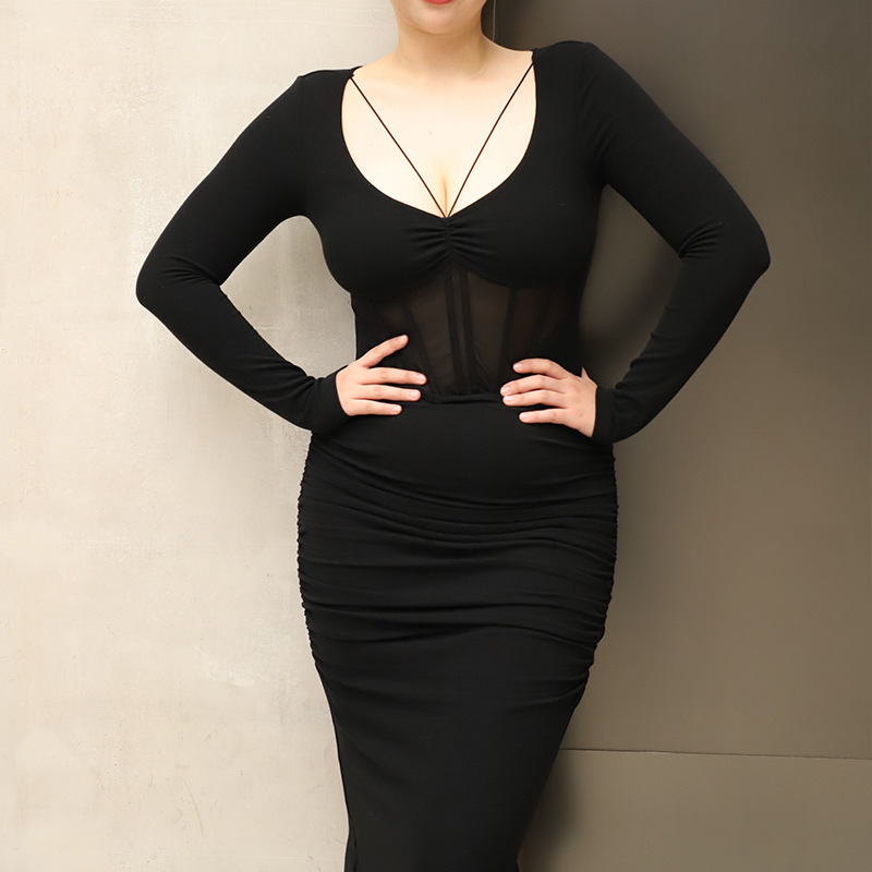 Spot Mermaid Black Fishbone Long-Sleeved Annual Party Eye-Catching Sexy Wrap Dress Slim Long Skirt Spring