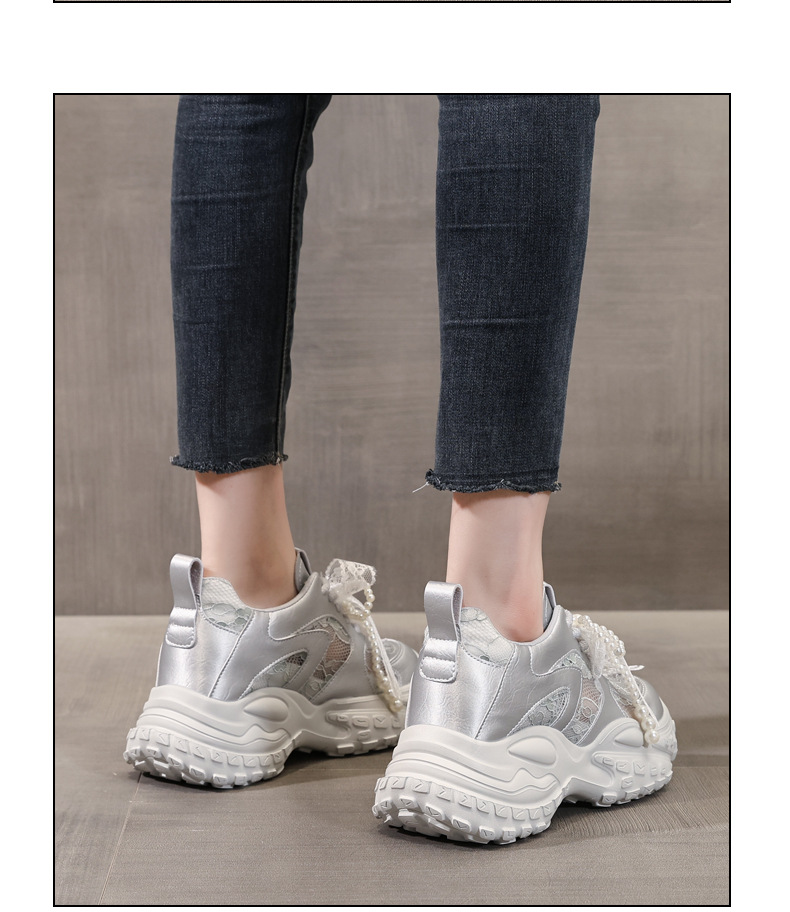 Giày sneaker nữ đế dày tăng chiều cao, phối ngọc trai và nơ, phong cách bánh xốp — Màu be chi tiết 13