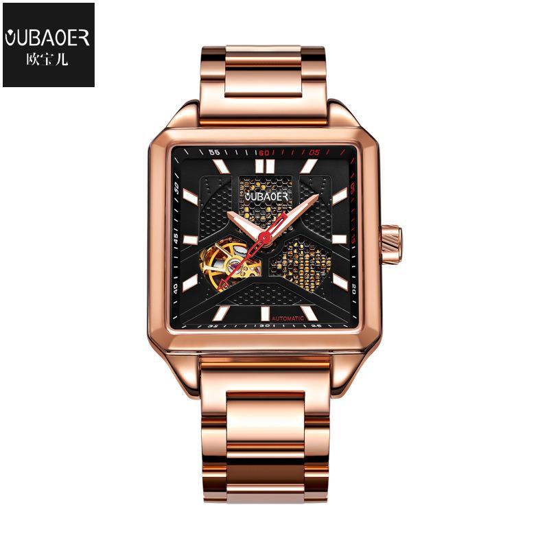 Oubaoer reloj mecánico automático reloj de hombre de moda hueco impermeable banda de acero reloj cuadrado 2003A