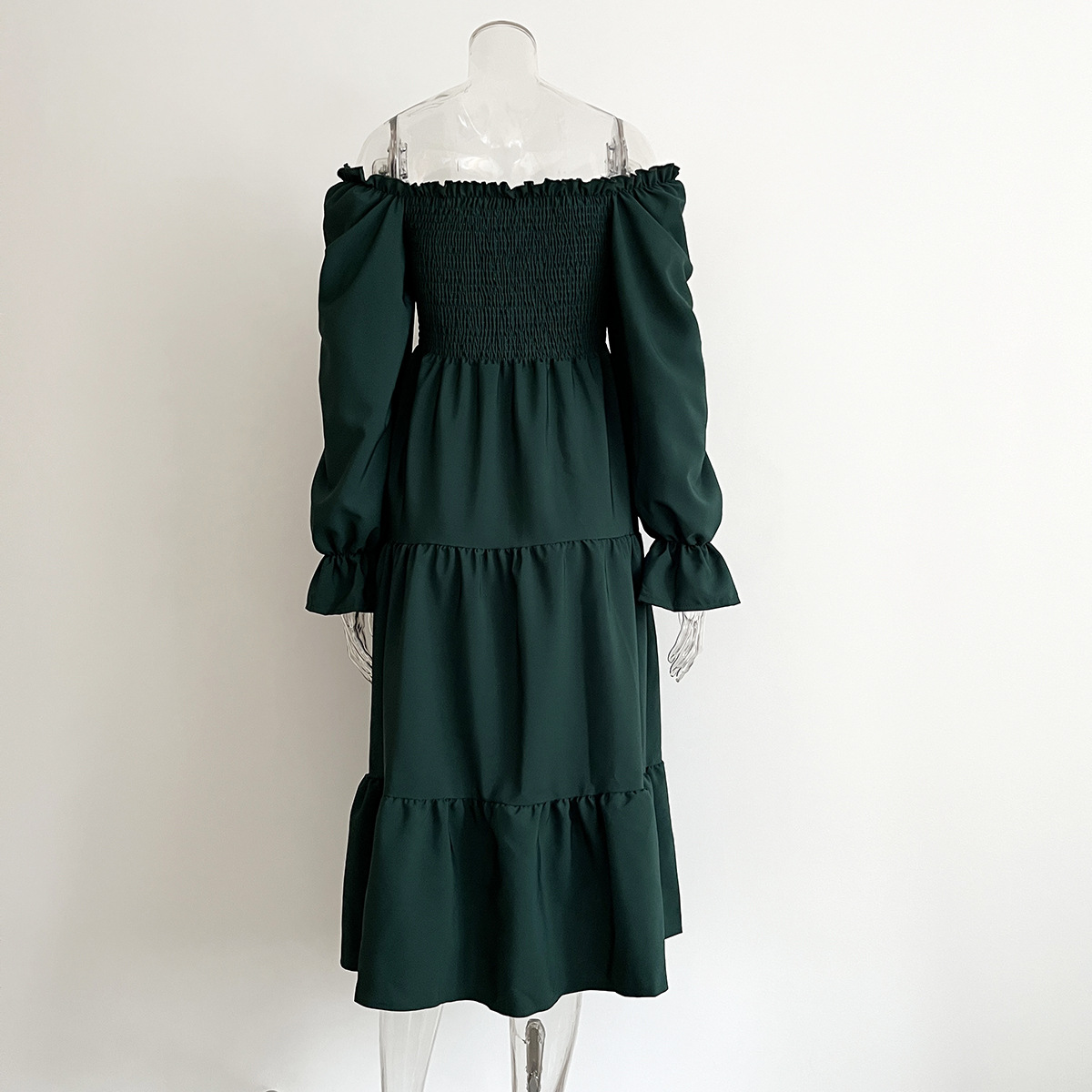 Smocking Dress Ruffled Square Collar Flared Sleeve Layered Large Swing Dress Women Women Clothing